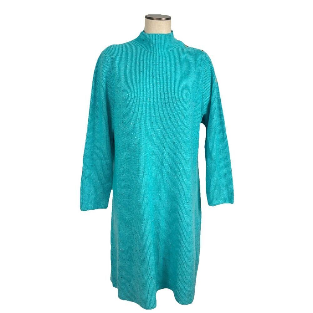 Talbots Women's Size 2X Shaker Stitch Tweed Sweater Dress Turquoise Teal Cotton